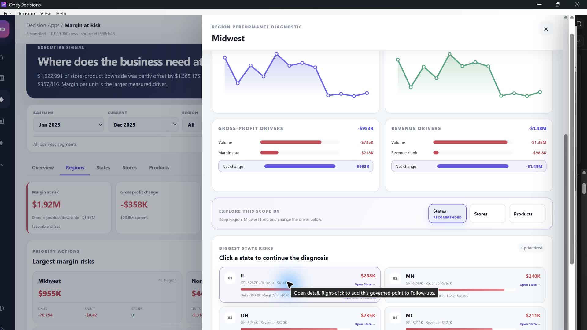 Earlier Decisions dashboard, now named Glory from the guided synthetic product demo